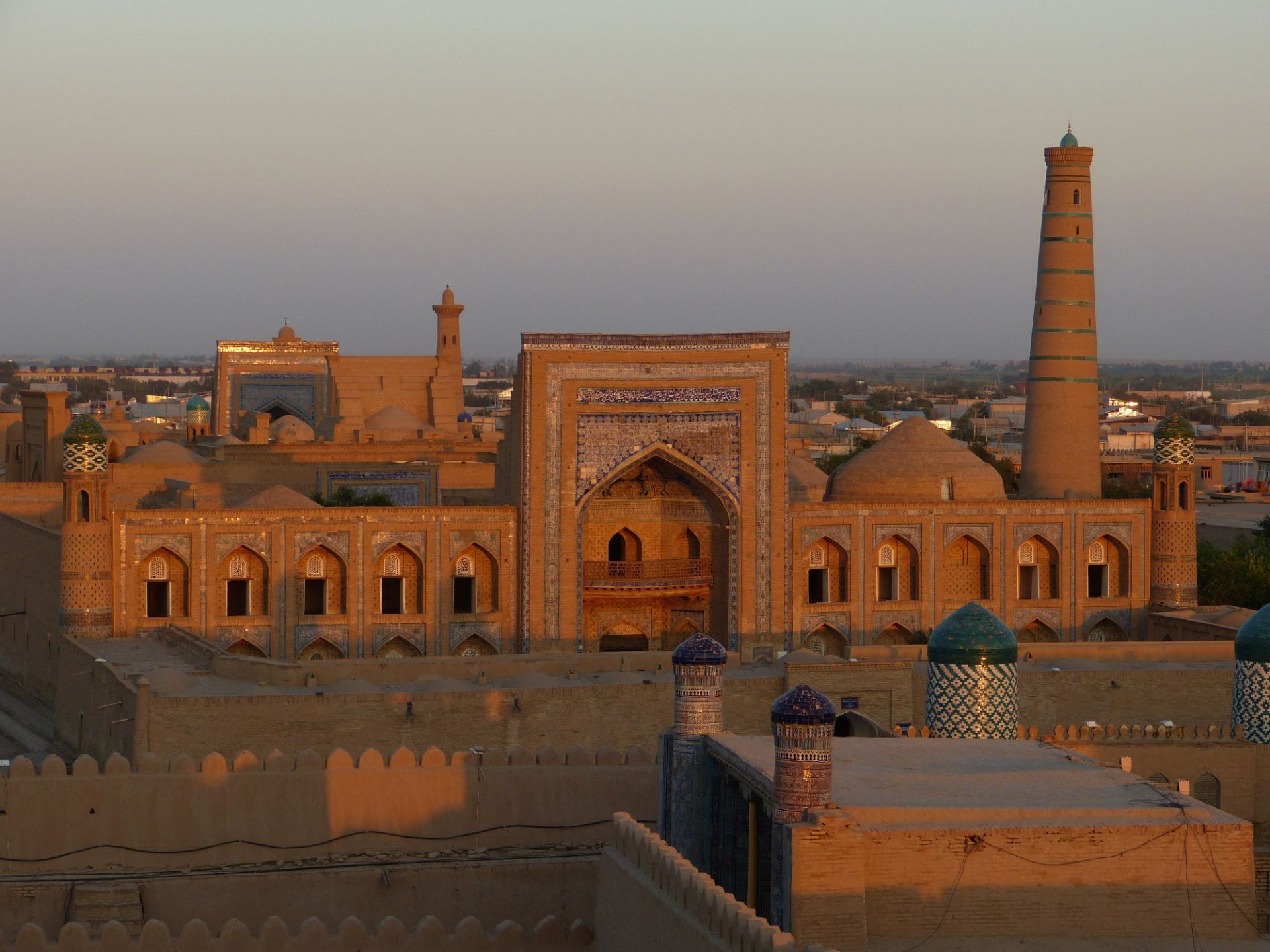 The old town of Khiva glowing at sunset