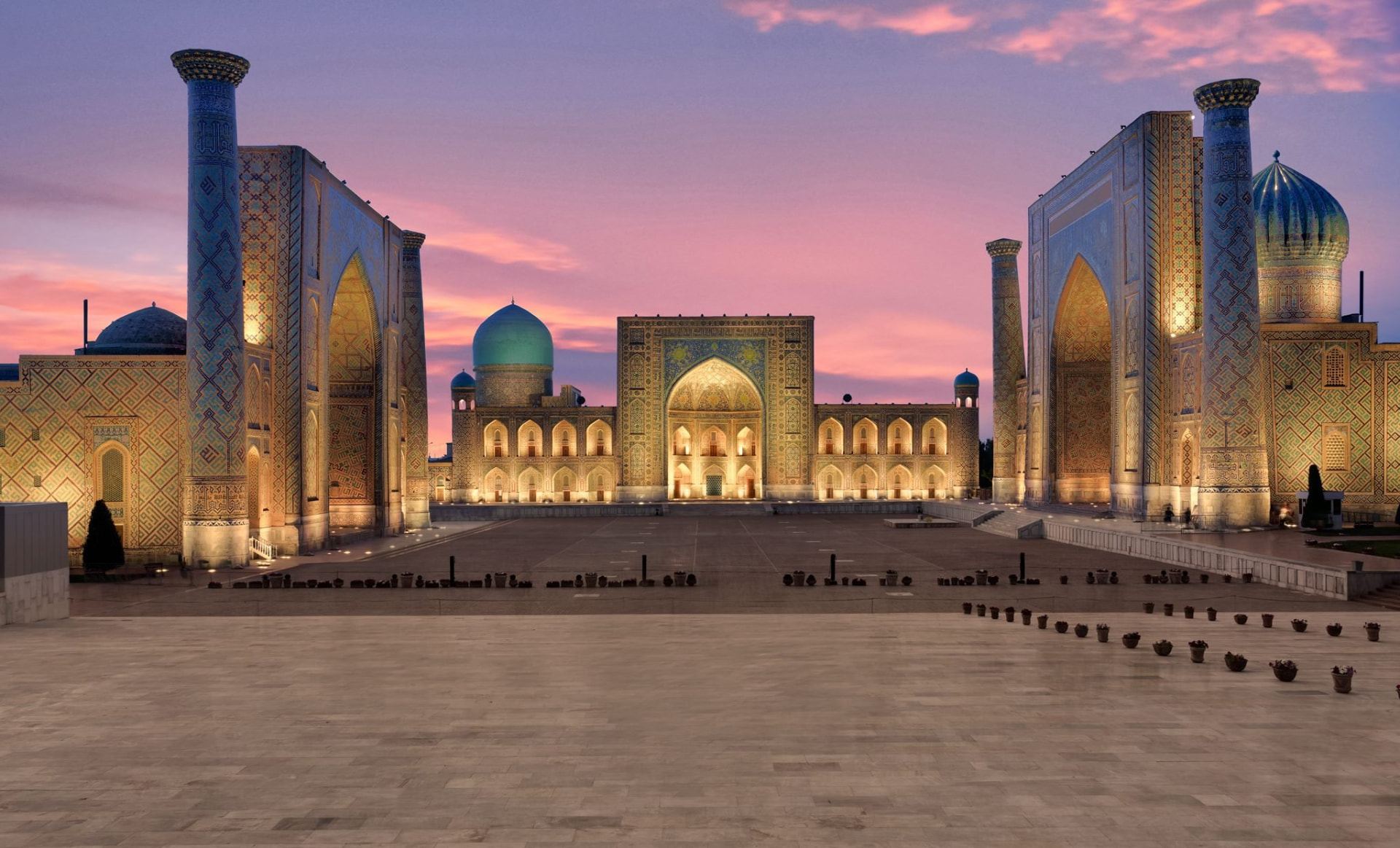 Registan Square in Samarkand at dusk