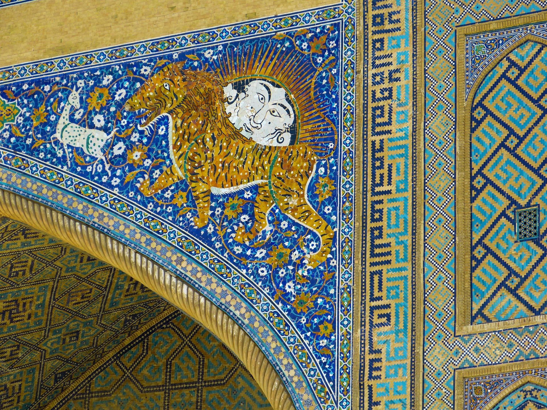 Lion and sun mosaic on Sher-Dor Madrasah, Samarkand